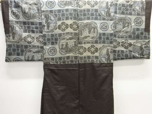 JAPANESE KIMONO / ANTIQUE MENS HAORI / SILK / TSUMUGI / FLORAL CREST (lining)